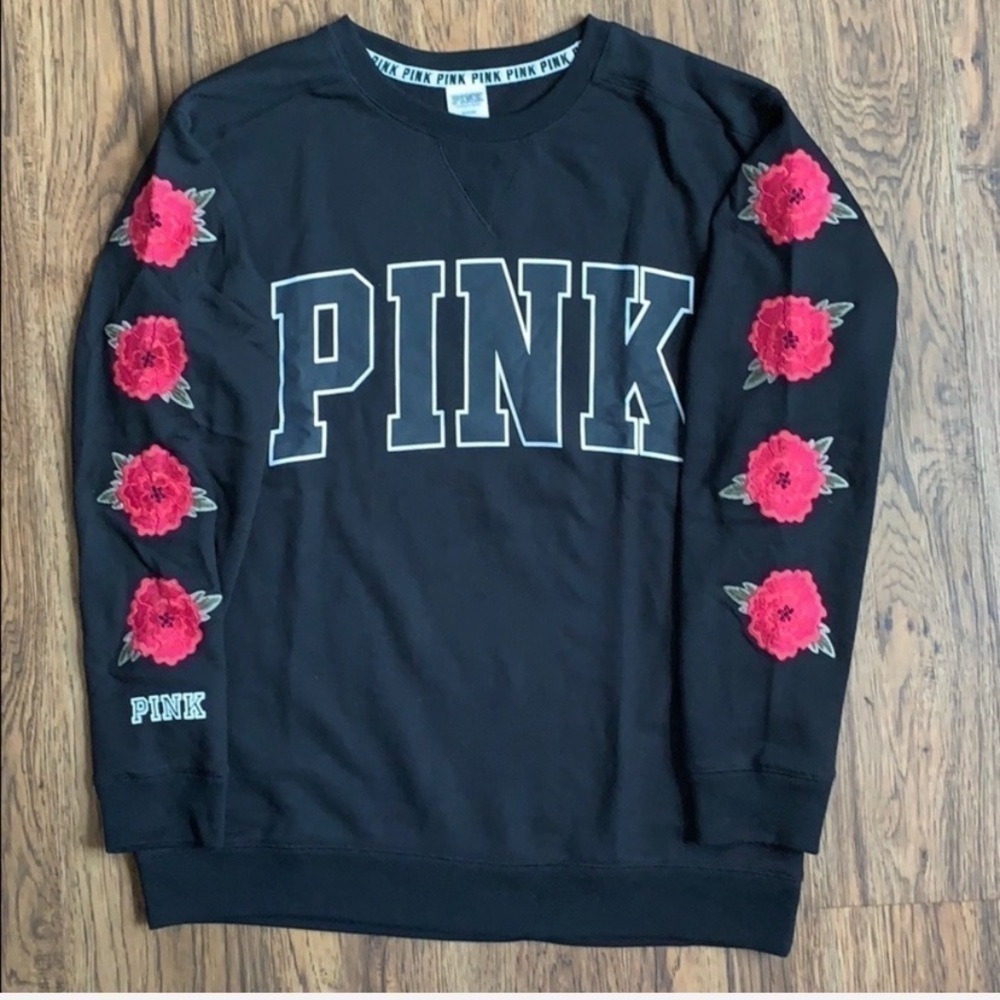 Victoria’s Secret PINK Black Sweatshirt With Rose Appliqué - Size Small